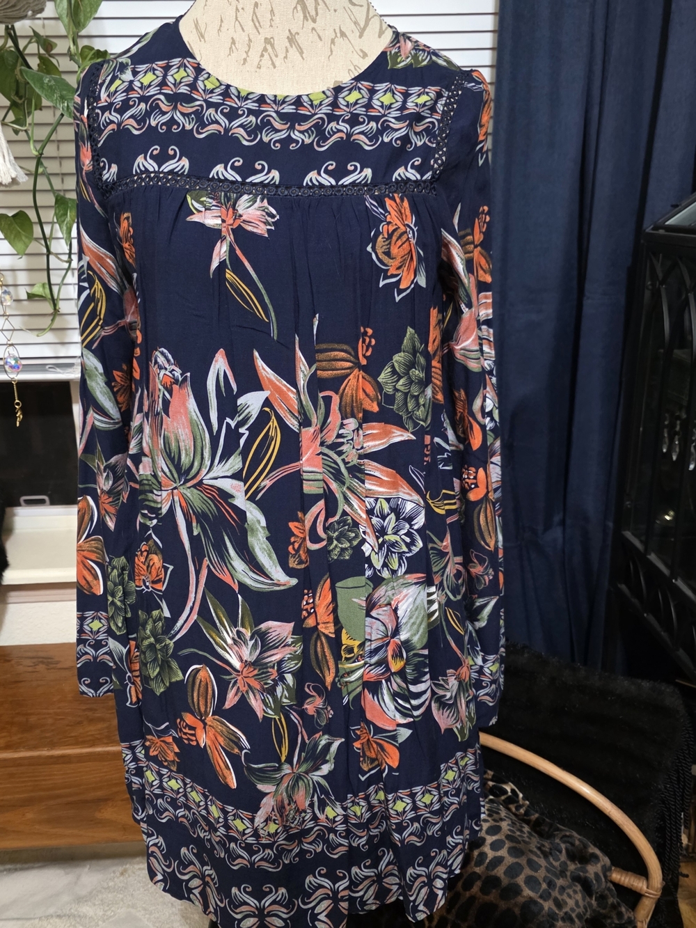 Love Riche Navy Tropical Floral Long-Sleeve Dress with Coral and Green Accents